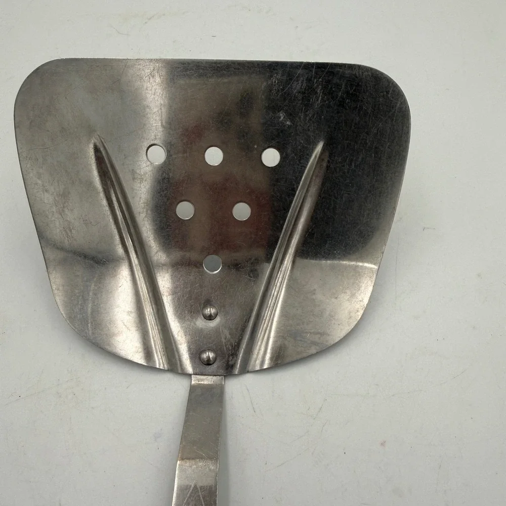 Vintage Household Stainless Steel Curved Spatula Wide Perforated Turner Japan